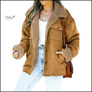 Corduroy Sherpa Jacket Women's Button Down Fleece Collar Winter Coat Casual